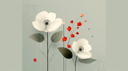 Harmonious blend of flowers, leaves, insects, trees, and geometric forms in minimalist style. Illustration, Image, , Minimalism,