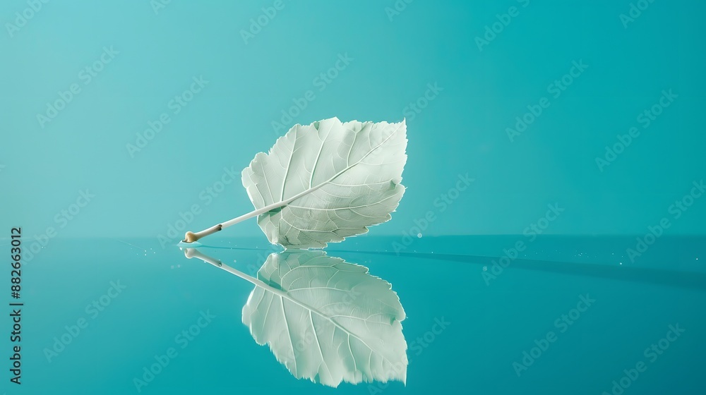 Poster white transparent leaf on mirror surface with reflection on turquoise background macro. artistic ima