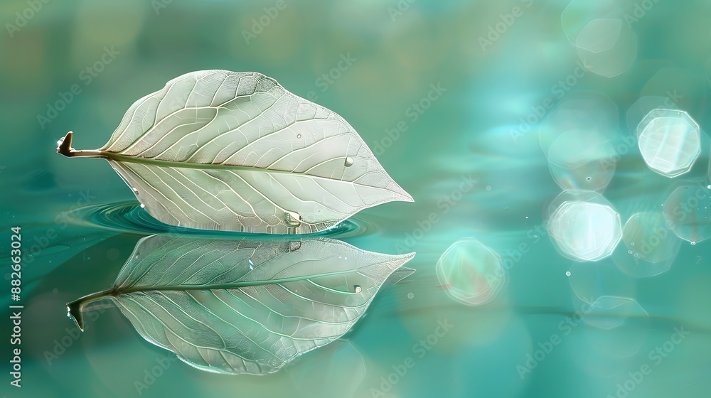 Aufkleber white transparent leaf on mirror surface with reflection on turquoise background macro. artistic ima
