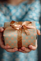 A small child holds a gift wrapped in patterned paper with a golden ribbon