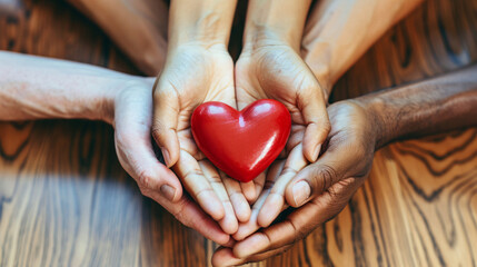 Hands holding heart symbolizing united diversity and multi-cultural partnership in a group. Suitable for cultural events, social issues, and global cooperation campaigns.
