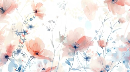 Watercolor and pastel spring flower pattern on a white background, seamless wallpaper design with pastel color suitable for various applications like textile printing, interior decoration, packaging 