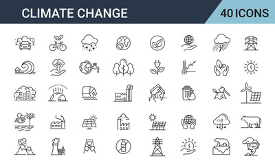 Climate Change Line Editable Icons set. Includes factory, oil barrel, plastic, save earth, energy, waste, and More.