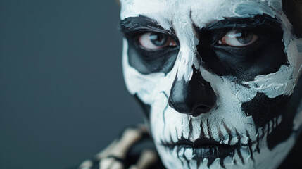 Naklejka premium A Halloween-inspired face paint of a spooky skeleton, with dark and eerie details