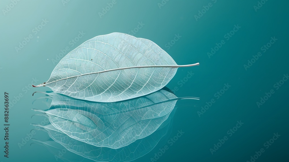 Poster white transparent leaf on mirror surface with reflection on turquoise background macro. artistic ima