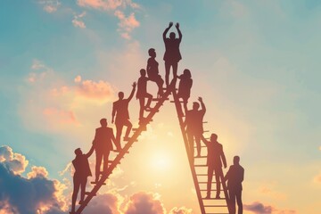 Fototapeta premium Teamwork and Success: A Group of Silhouettes Climbing a Ladder Towards a Bright Future
