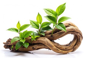 Vibrant green plant grows from a twisted, woody jungle branch, isolated on a pure white background, showcasing nature's resilience and intriguing organic texture. - Powered by Adobe