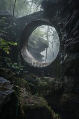 A circular window in a stone archway reveals a misty forest