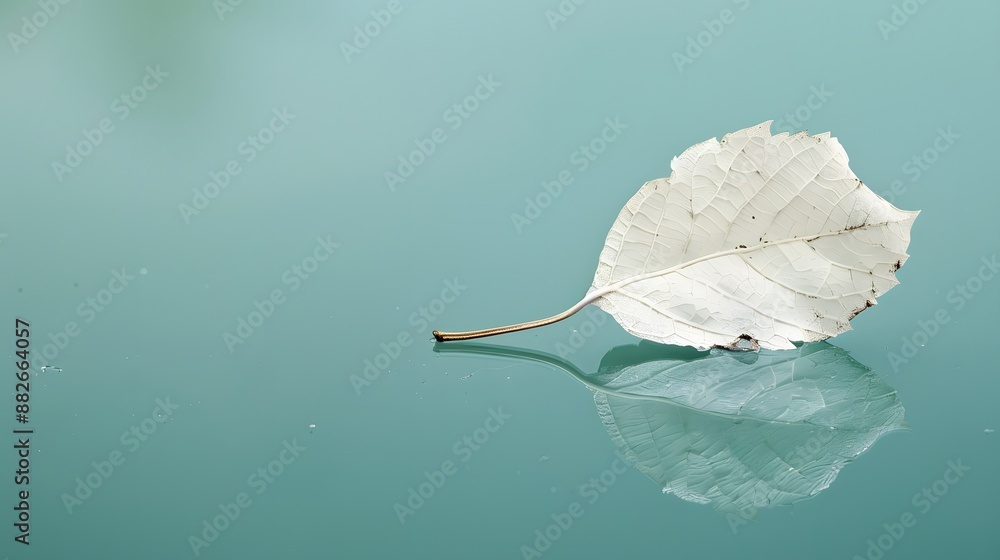 Aufkleber white transparent leaf on mirror surface with reflection on turquoise background macro. artistic ima