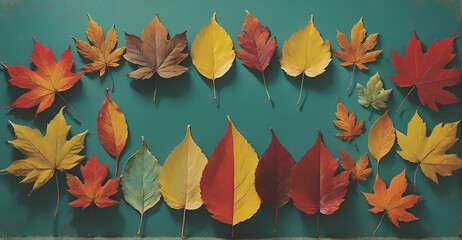 A striking autumn leaf arrangement with a vibrant display of seasonal colors and generous blank space for textual content or personalized notes
