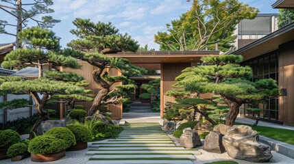 Fototapeta premium A Japanese house with an elegant entrance gate, stone pathway, and carefully pruned bonsai trees