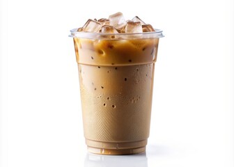 Refreshing iced coffee in a clear plastic takeaway glass with condensation, isolated on a crisp white background, providing ample copy space for text or design.