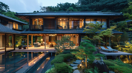 Obraz premium A luxurious Japanese villa with an open-air onsen, surrounded by lush greenery