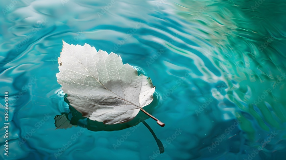 Aufkleber white transparent leaf on mirror surface with reflection on turquoise background macro. artistic ima
