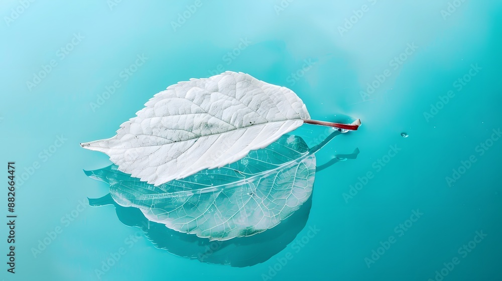 Poster white transparent leaf on mirror surface with reflection on turquoise background macro. artistic ima