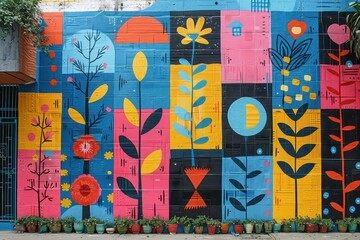 Obraz premium Vibrant mural depicting interconnectedness of e-commerce, carbon footprint, and tree planting.