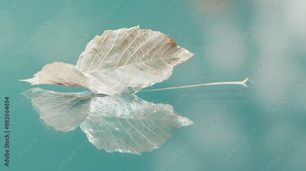 Poster white transparent leaf on mirror surface with reflection on turquoise background macro. artistic ima