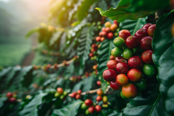 Coffee process concept, Coffee Plant, Show coffee cherries growing on a coffee plant, highlighting the vibrant red color of ripe cherries