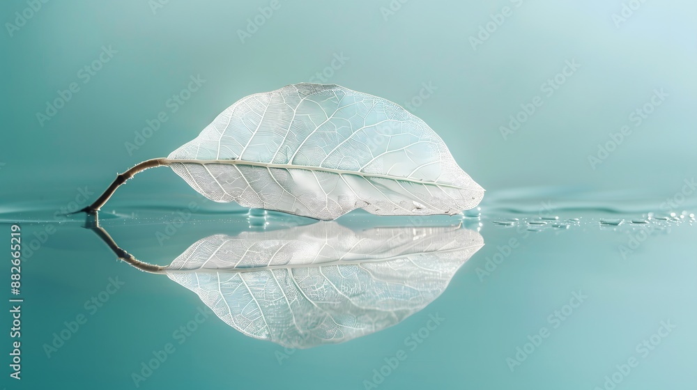Aufkleber white transparent leaf on mirror surface with reflection on turquoise background macro. artistic ima