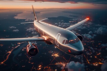 Obraz premium Commercial Airplane Ascending Through the Clouds at Sunset, A Stunning Image of Air Travel and Transportation, Perfect for Travel Bloggers and Aviation Enthusiasts