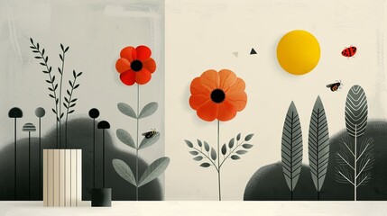 Tranquil minimalist scene with vibrant flowers, leaves, insects, trees, and geometric patterns. Illustration, Image, , Minimalism,