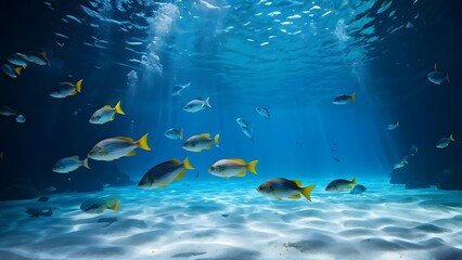 Fototapeta premium Group of fishes under clear sea water, AI Generated