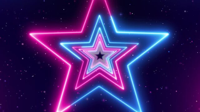 Vibrant neon glowing tunnel star shapes in pink and blue against a dark background with sparkling lights and particles. Seamless loop motion