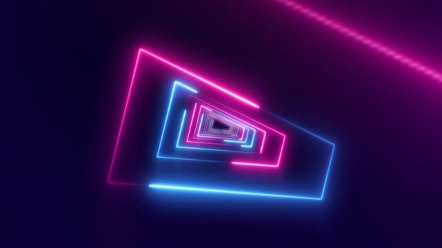 Vibrant neon glowing tunnel rectangle shapes in pink and blue against a dark background. Seamless loop motion