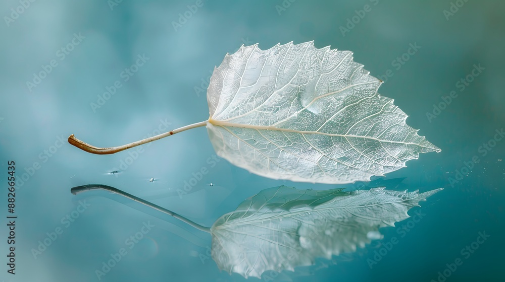 Aufkleber white transparent leaf on mirror surface with reflection on turquoise background macro. artistic ima