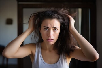 Fototapeta premium Woman looks at reflection with worried expression. Hair loss or hair loss. Hair loss problem.