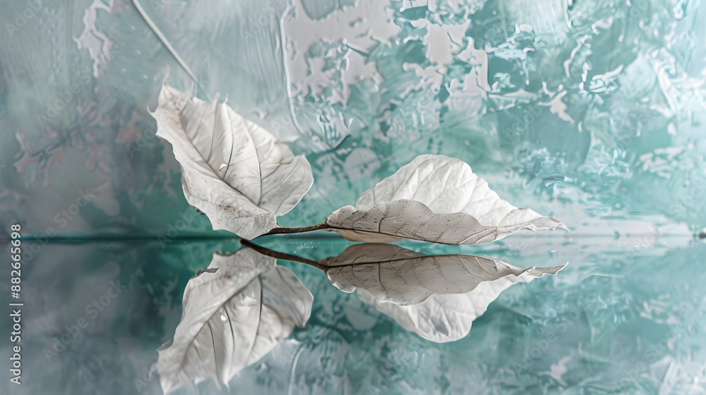 Poster white transparent leaf on mirror surface with reflection on turquoise background macro. artistic ima