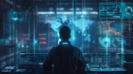 Professional Man Analyzing Global Data on Multiple Digital Screens