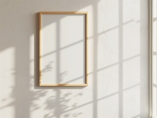 Empty wooden frame casting shadows on a white wall with sunlight streaming through a window.