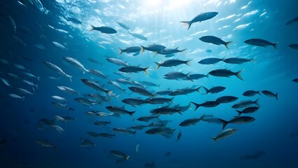  Large group of jack fishes under clear sea water, AI Generated