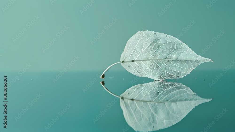Poster white transparent leaf on mirror surface with reflection on turquoise background macro. artistic ima