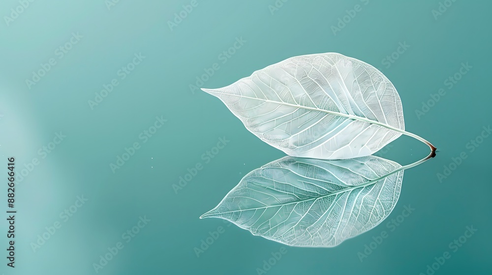 Aufkleber white transparent leaf on mirror surface with reflection on turquoise background macro. artistic ima