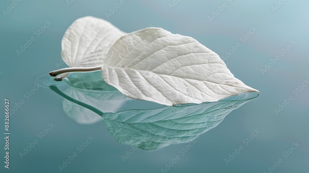 Aufkleber white transparent leaf on mirror surface with reflection on turquoise background macro. artistic ima