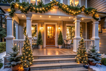 Elegant contemporary porch adorned with silver toned Christmas decorations, garlands, and ornaments, surrounded by lush greenery and warm twinkling string lights on a winter evening.