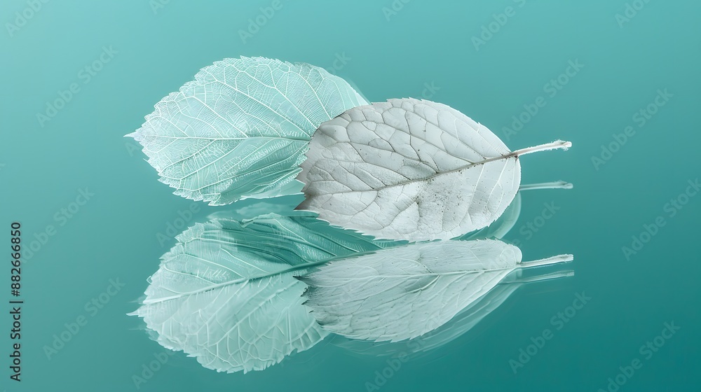 Poster white transparent leaf on mirror surface with reflection on turquoise background macro. artistic ima
