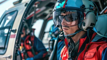 Rescue team member in a helicopter, focused and ready for action, wearing safety gear and helmet.