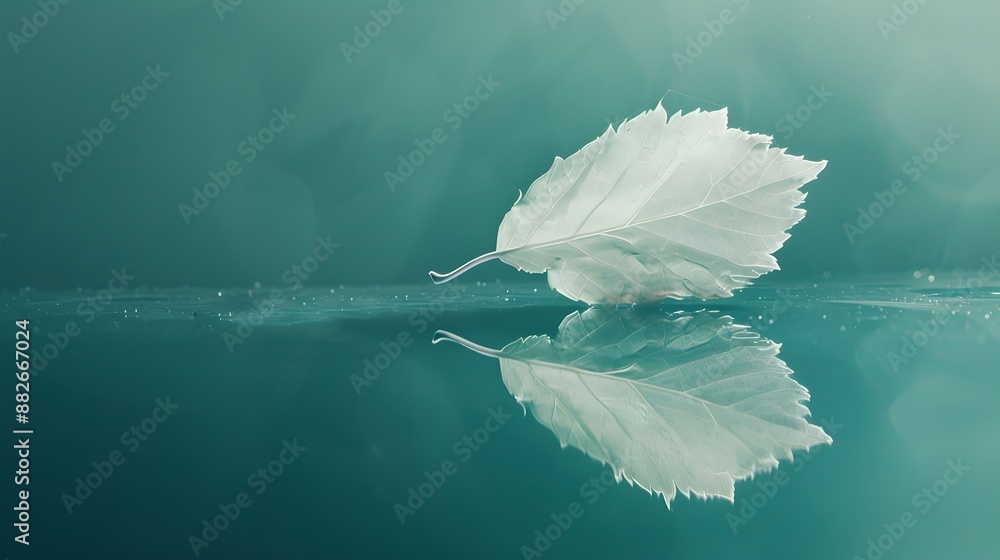Poster white transparent leaf on mirror surface with reflection on turquoise background macro. artistic ima