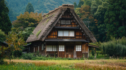 Obraz premium A rustic Japanese farmhouse with a thatched roof, nestled in a picturesque rural setting