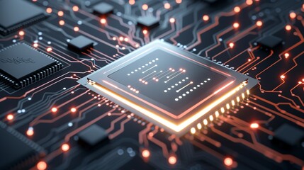 Digital circuit board pattern with glowing lines, representing technology and connectivity, ideal for IT and computer science visuals. Illustration, Image, , Minimalism,