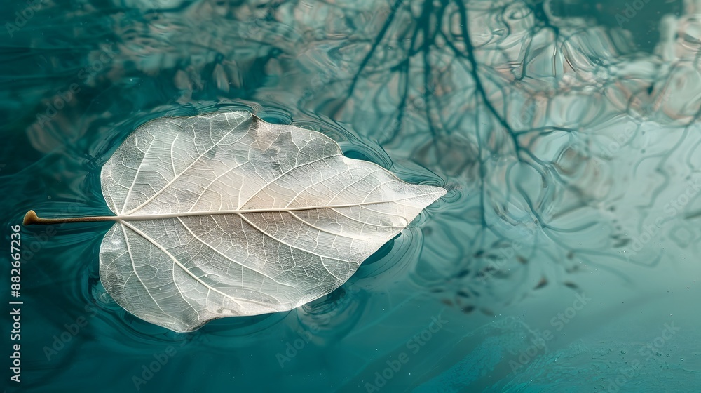 Poster white transparent leaf on mirror surface with reflection on turquoise background macro. artistic ima