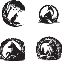 Fox Sitting in a Cave black and white sillhouette