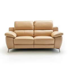 Fototapeta premium Beige leather sofa with a modern design and sleek lines, isolated on a white background.
