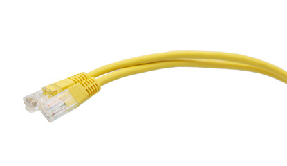 Yellow network cables with molded RJ45 plug on transparent background (PNG File)
