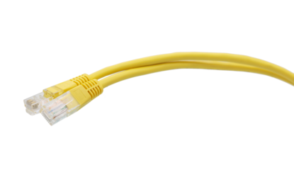Yellow network cables with molded RJ45 plug on transparent background (PNG File)