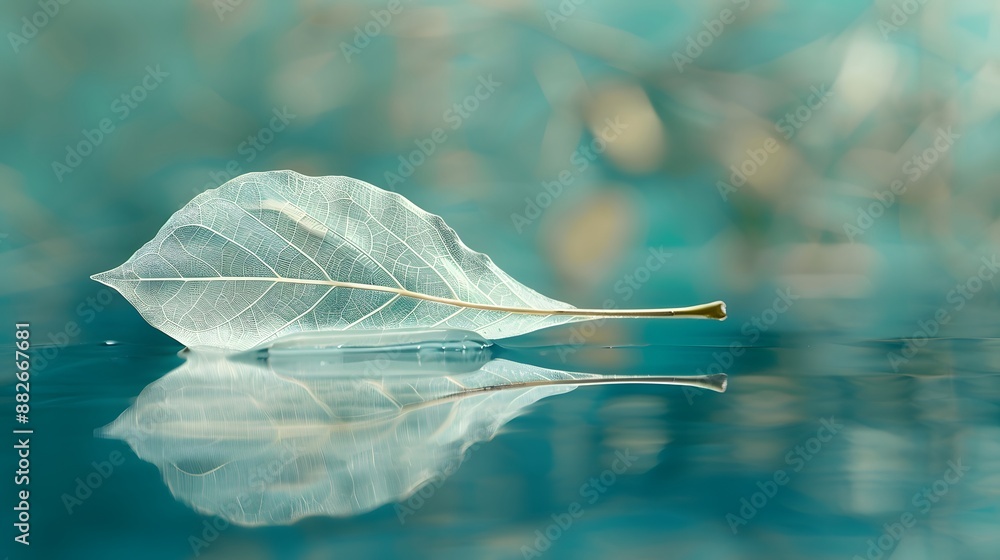 Poster white transparent leaf on mirror surface with reflection on turquoise background macro. artistic ima