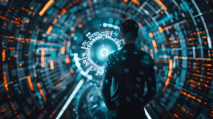 Obraz premium Man Exploring Advanced Technology in a High-Tech Tunnel Interface